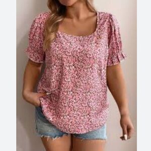 🌹SHEIN - Pink & Brown Floral Blouse with Short Puffy & Ruffled Sleeves - Size 3X